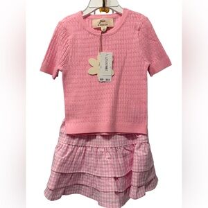Girls Pink Two-Piece Knit Top & Gingham Skirt Set